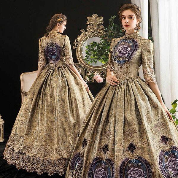 プリンセスライン 中世貴族風 お姫様ドレス 宮廷 ハイネック 五分袖 パーティー ファスナータイプ ロングドレス ワンピース 刺繍 Aライン ゴールド Da750s1 フルグレース 通販 Yahoo ショッピング