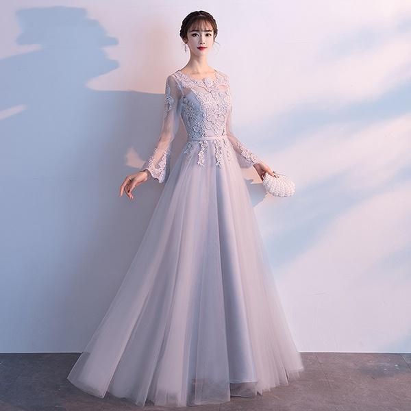 袖付き ロングドレス ロングドレス 演奏会 グレー 演奏会用ドレス 袖 