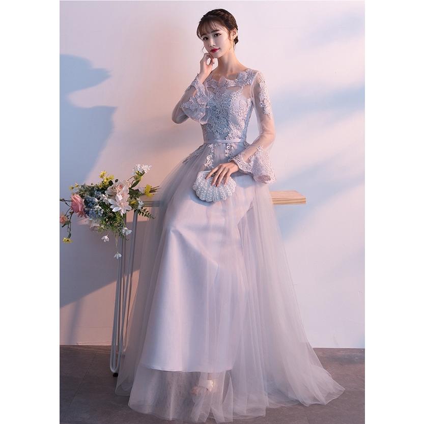 袖付き ロングドレス 演奏会 グレー 演奏会用ドレス 袖あり 結婚式用