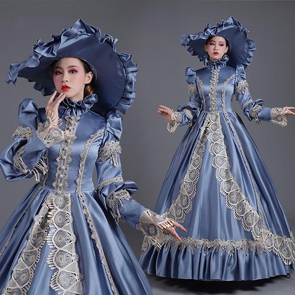 ロングドレス 貴族ドレス お姫様ドレス 中世ヨーロッパ ステージ 帽子付き 演奏会 舞台衣装 貴族風 プリンセスライン コスプレ