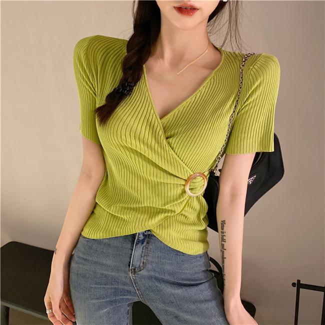 カシュクールセクシートップス 五分袖 カシュクール タイトトップス 透け感が美しいVネックTシャツ