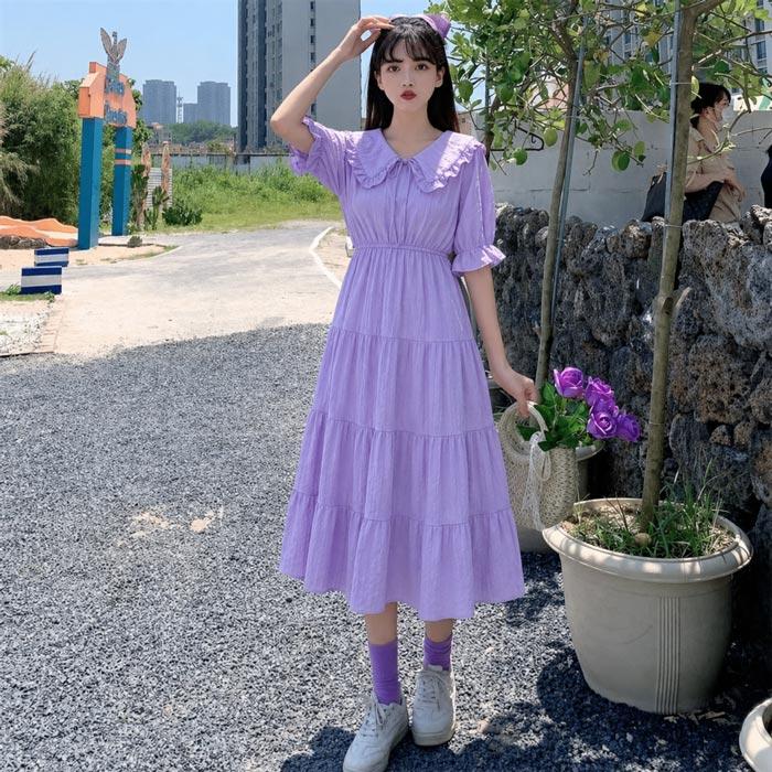 【ゆめ】LONDON TIMES 紫ひざ丈ワンピース 半袖 シャツワンピース 夏ワンピ 半袖 ワンピース 大人かわいい ロング