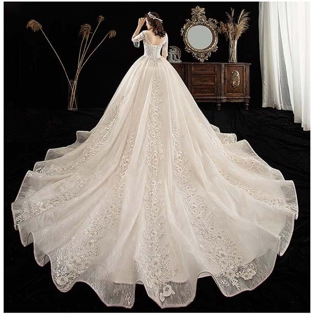 ウェディングドレス 花嫁 Vネック レース ぽっちゃり 結婚式 編み上げ