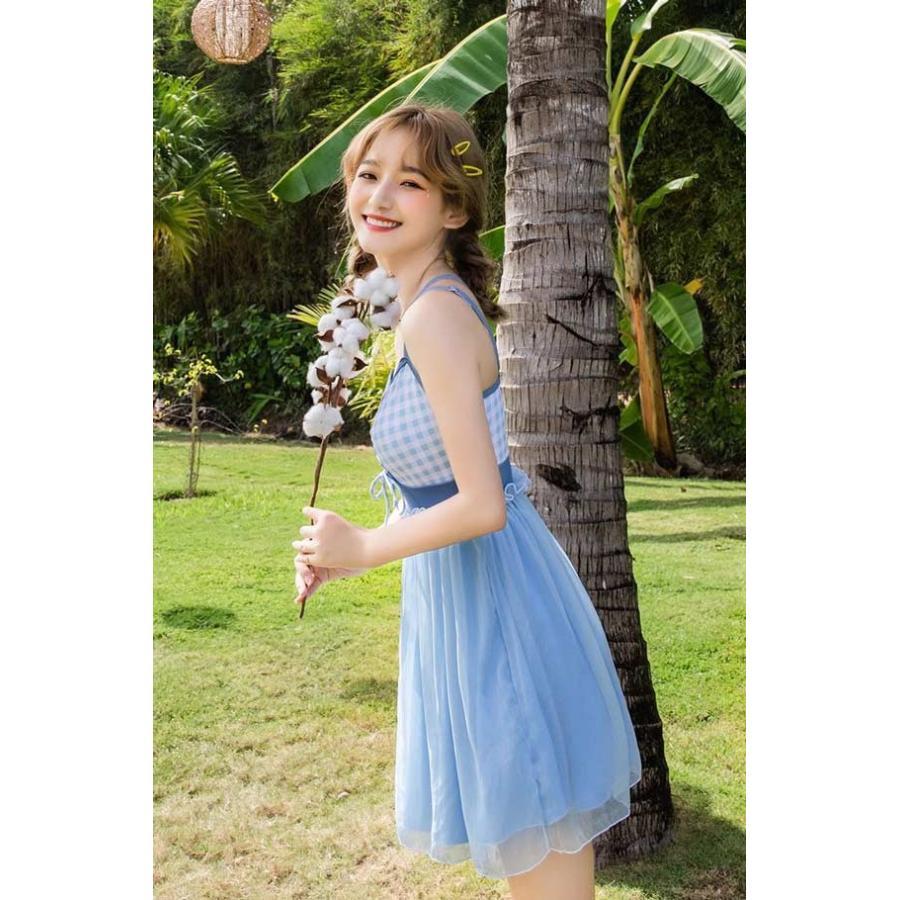 ワンピース水着 水色 服みたいな 水着 2点セット チェック柄 切り替え