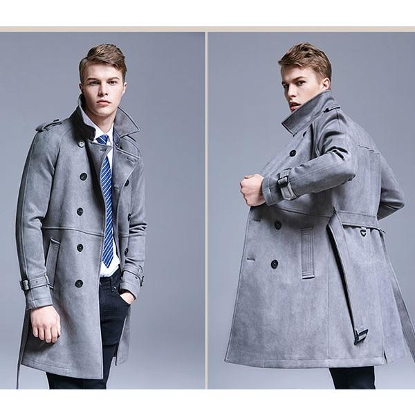 S~6XL スエード トレンチコート メンズ ロング ベルト付き 春 S~6XL スエード トレンチコート メンズ ロング ベルト付き 春