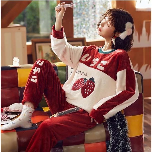 サイズ有S/M/L/XL/2XL/3XL】パジャマ 冬 もこもこ 部屋着 イチゴ柄  
