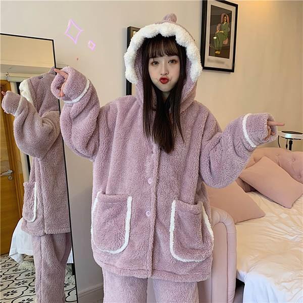 もこもこパジャマ ナイトガウン レディース サメ柄 冬 かわいい 長袖