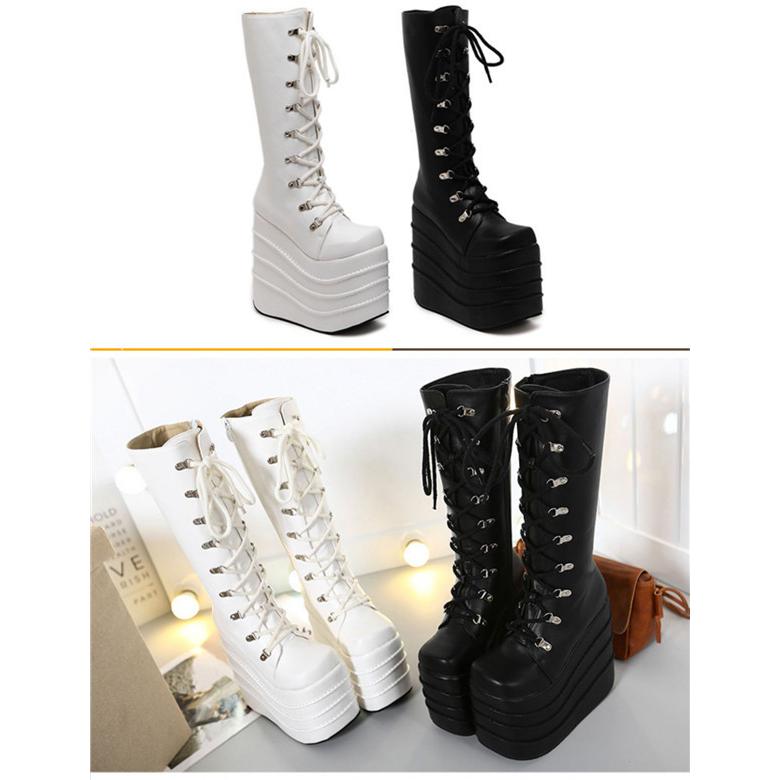 ロングブーツ 靴 春秋 シルバー シンプル PU 超厚底 パンク風