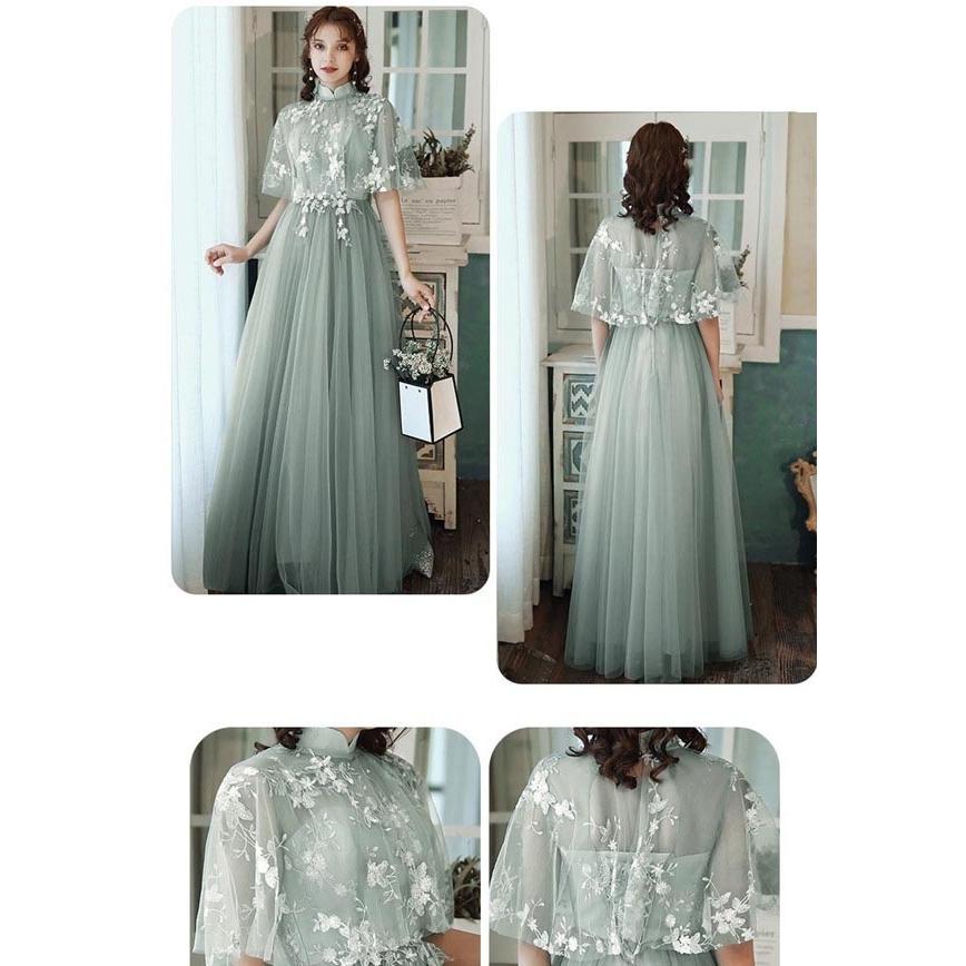 パーティードレス レディース レースドレス 緑 ロングドレス 袖あり