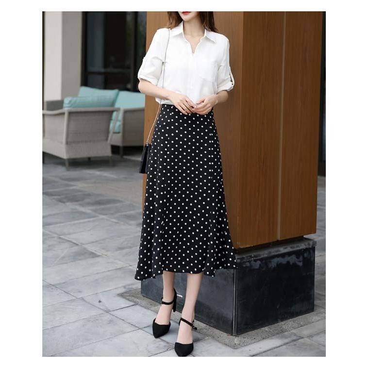 新品タグ付き　パドカレ　ブラウス、スカート　ブラック　水玉 フロッキードットシアーブラウス [C7618] - レディース