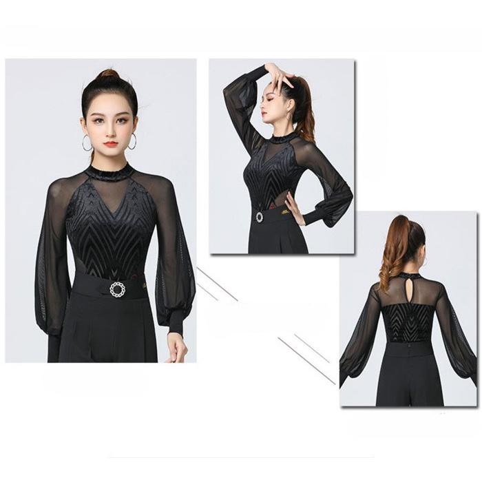 社交ダンス トップス レオタード式 レディース ハイネック 長袖 ランタンスリーブ レッスンウェア 競技着 モダン 演出着 パーツ付き ダンストップス 女性用 |  | 11