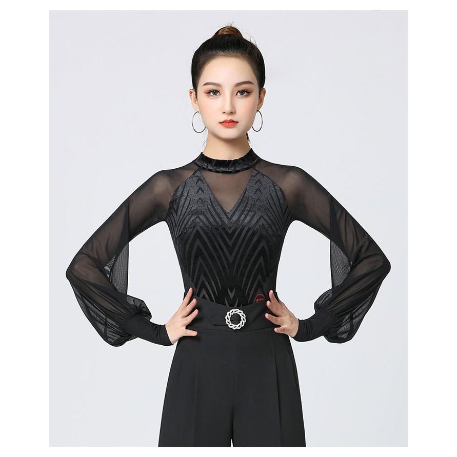 社交ダンス トップス レオタード式 レディース ハイネック 長袖 ランタンスリーブ レッスンウェア 競技着 モダン 演出着 パーツ付き ダンストップス 女性用 |  | 06