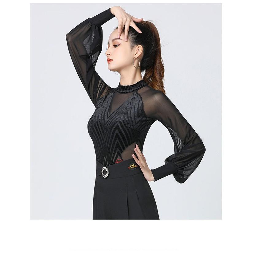 社交ダンス トップス レオタード式 レディース ハイネック 長袖 ランタンスリーブ レッスンウェア 競技着 モダン 演出着 パーツ付き ダンストップス 女性用 |  | 07