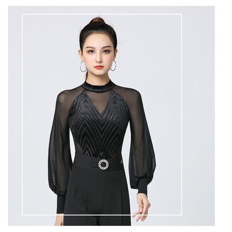 社交ダンス トップス レオタード式 レディース ハイネック 長袖 ランタンスリーブ レッスンウェア 競技着 モダン 演出着 パーツ付き ダンストップス 女性用 |  | 08