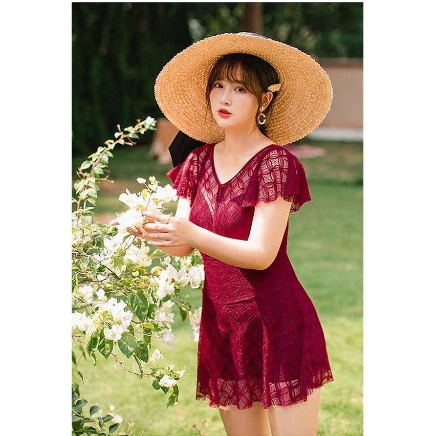 オールインワン ワンピース ぽっちゃり水着 レディース 水着 体型カバー ぽっちゃり 海 温泉 大人 可愛い 韓国風 透け感 ワインレッド 人気カラーの