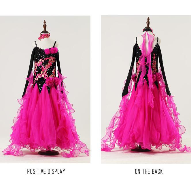 社交ダンスドレス ワンピース キッズ用 スタンダードドレス ジュニア用 社交ダンスワンピース 練習用セット 演出服 競技着 M-2XL グリーン ローズ |  | 11