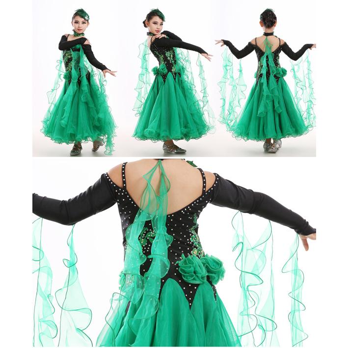 社交ダンスドレス ワンピース キッズ用 スタンダードドレス ジュニア用 社交ダンスワンピース 練習用セット 演出服 競技着 M-2XL グリーン ローズ |  | 01