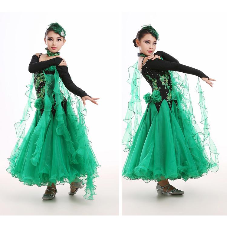 社交ダンスドレス ワンピース キッズ用 スタンダードドレス ジュニア用 社交ダンスワンピース 練習用セット 演出服 競技着 M-2XL グリーン ローズ |  | 02