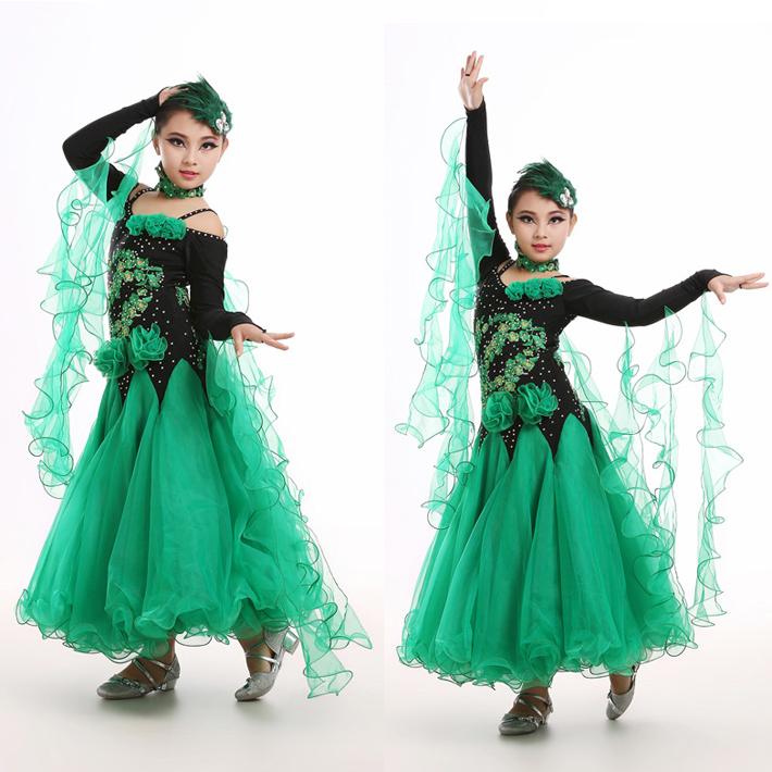 社交ダンスドレス ワンピース キッズ用 スタンダードドレス ジュニア用 社交ダンスワンピース 練習用セット 演出服 競技着 M-2XL グリーン ローズ |  | 03