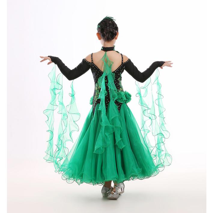 社交ダンスドレス ワンピース キッズ用 スタンダードドレス ジュニア用 社交ダンスワンピース 練習用セット 演出服 競技着 M-2XL グリーン ローズ |  | 05