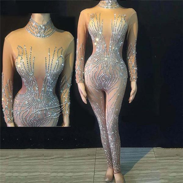 エキゾチックダンスウェア レオタード 着ぐるみ ラインストーン 女性用 長袖 スパンデックス ナイトクラブジャンプスーツ