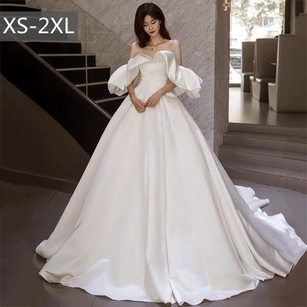 ウェディングドレス プリンセスドレス Aライン オフショルダー サテン 光沢感 シンプル 美しい 結婚式 撮影用 ファスナー ロング トレーン