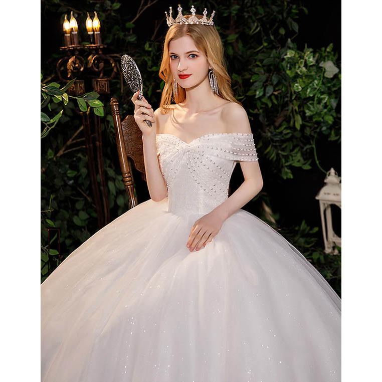 花嫁 ウェディングドレス オフショルダー Aライン リボン ワンピース プリンセス 結婚式 披露宴 撮影用 フォトウェディング 花嫁 ウェディングドレス オフショルダー Aライン リボン ワンピース