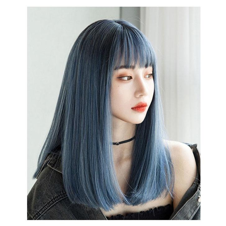 ウィッグ ロング レディース フルウィッグ スモーキーブルー かつら wig ロリータ Lolita レイヤー 小顔 原宿系 耐熱ウィッグ