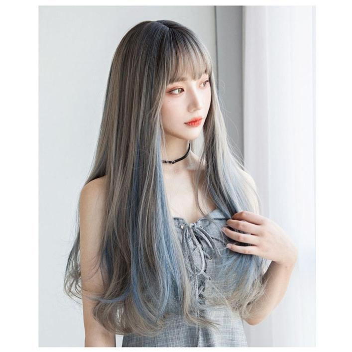 ウィッグ ロング レディース グレー ブルー メッシュ フルウィッグ