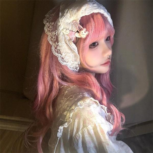 めりこ ビスクドールブリュージュンリプロ ピンク 花柄ドレス ウィッグ2個 ウィッグ ロング カール ウェーブ 巻き髪 ピンク 前髪ぱっつん フル