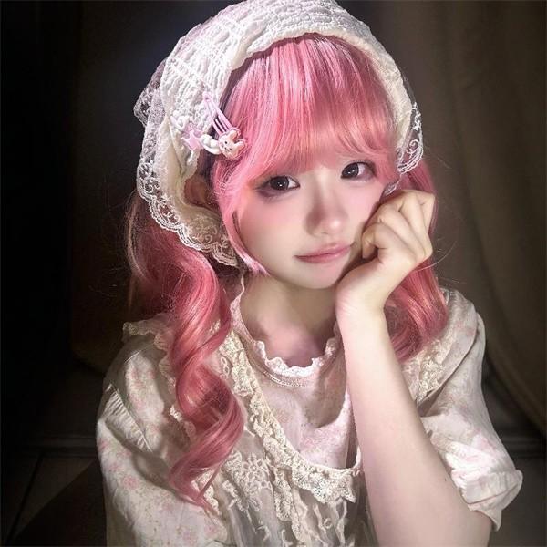 ウィッグ ロング カール ウェーブ 巻き髪 ピンク 前髪ぱっつん フル