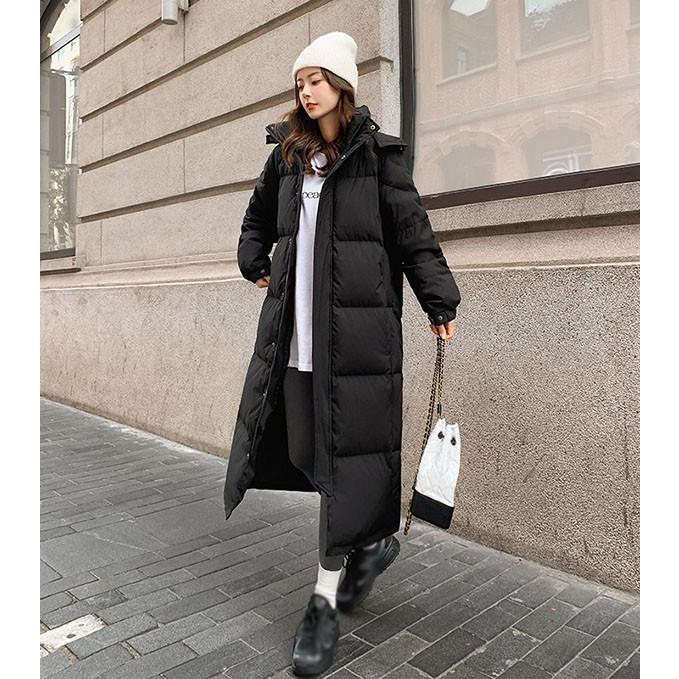 ベンチコート フード付き 90%ダウン レディース 超ロング 黒 大きめ