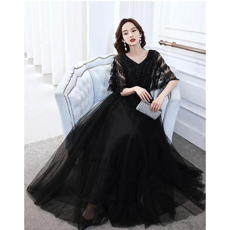 ドレス 大人 ピアノ発表会 演奏会 結婚式 袖付き フェミニン