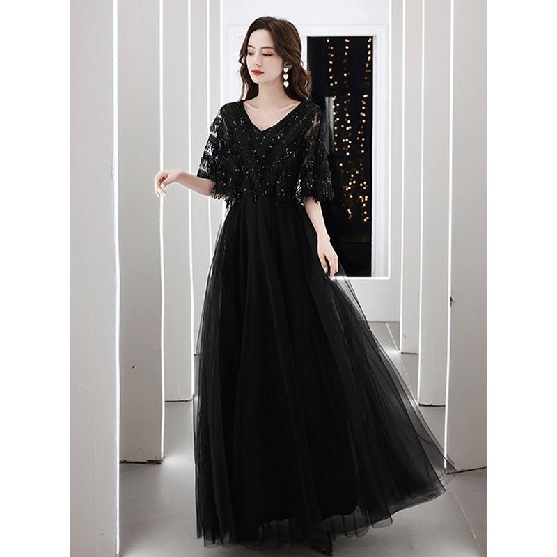 ドレス 大人 ピアノ発表会 演奏会 結婚式 袖付き フェミニン