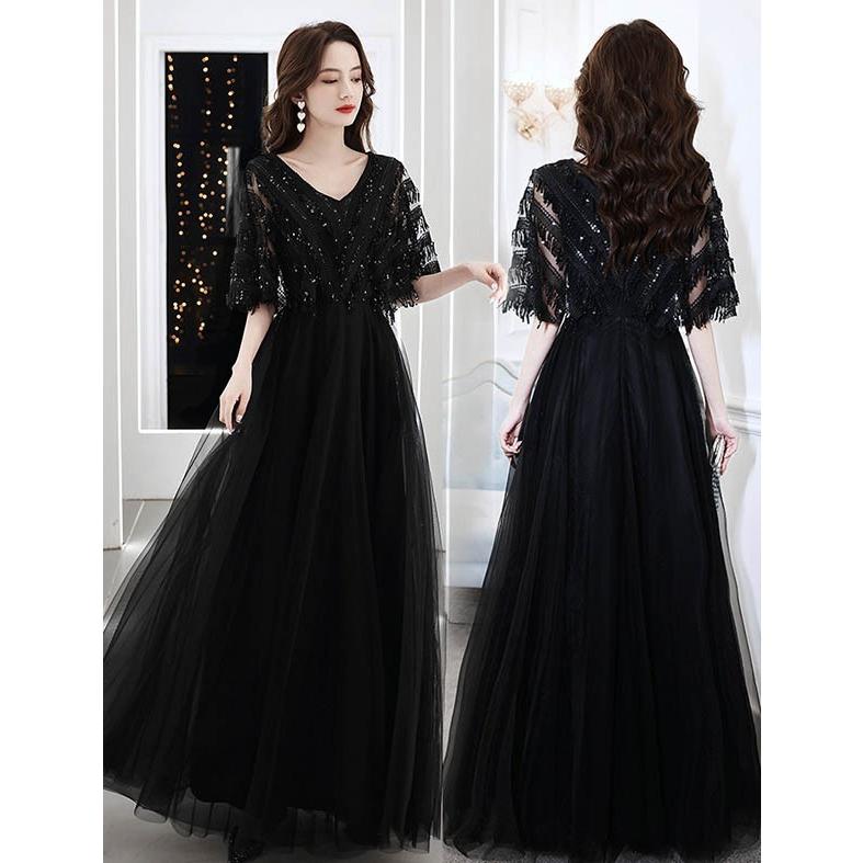 ドレス 大人 ピアノ発表会 演奏会 結婚式 袖付き フェミニン