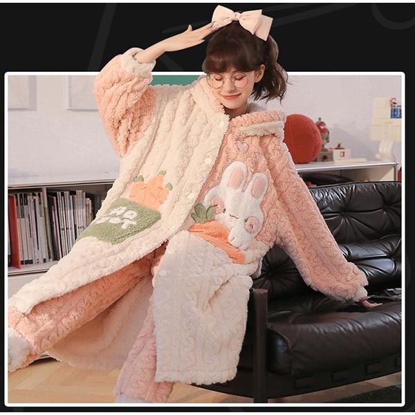 前開き 韓国 うさ耳 もこもこパジャマ レディース 暖かい フード付き