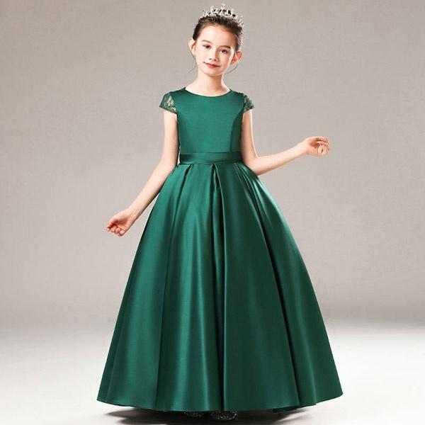 ピアノ発表会 ドレス ロング丈 子供ドレス ワンピース お姫様 グリーン