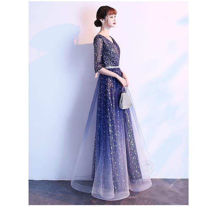 パーティードレス ロングドレス ミモレ丈ドレス 結婚式 5分袖 Vネック