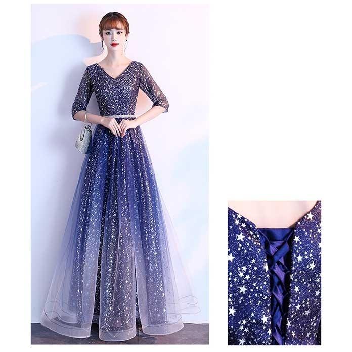 パーティードレス ロングドレス ミモレ丈ドレス 結婚式 5分袖 Vネック