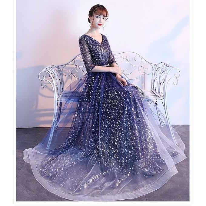 パーティードレス ロングドレス ミモレ丈ドレス 結婚式 5分袖 Vネック