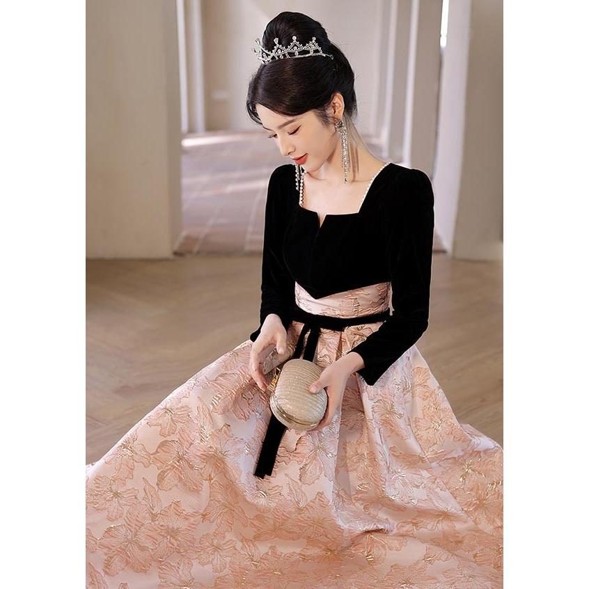 ドレス 大人 ピアノ 発表会 イブニング パーティー ロング 演奏会 結婚式 成人式 Aライン 長袖 大人 上品 フォーマル ファスナー S M L XL 2XL 3XL_1