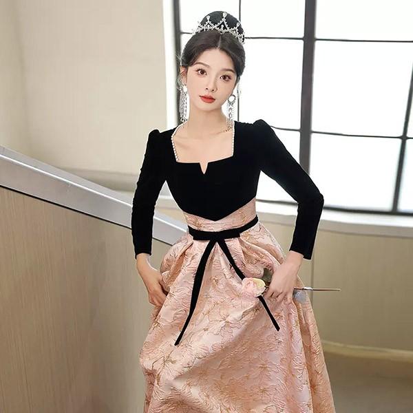 ドレス 大人 ピアノ 発表会 イブニング パーティー ロング 演奏会 結婚式 成人式 Aライン 長袖 大人 上品 フォーマル ファスナー S M L XL 2XL 3XL_2