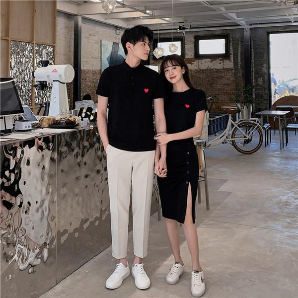 ペアルック Tシャツ カップル ワンピース 半袖 ペア 可愛い ハート柄 着痩せ メンズ レディース 韓国風 綿 新婚旅行 Ｔシャツ |  | 03