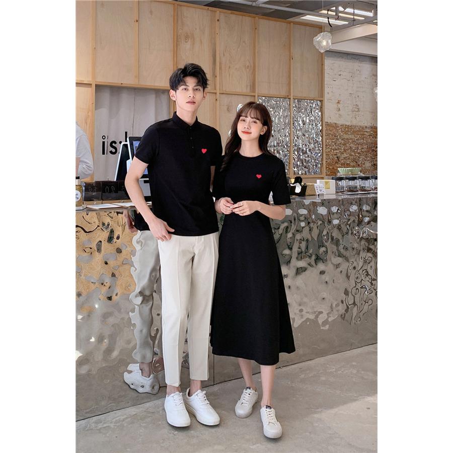 ペアルック Tシャツ カップル ワンピース 半袖 ペア 可愛い ハート柄 着痩せ 韓国風 綿 新婚旅行  ご夫婦 お誕生日 プレゼント ペアルック Tシャツ カップル ワンピース ロング 半袖 ペア