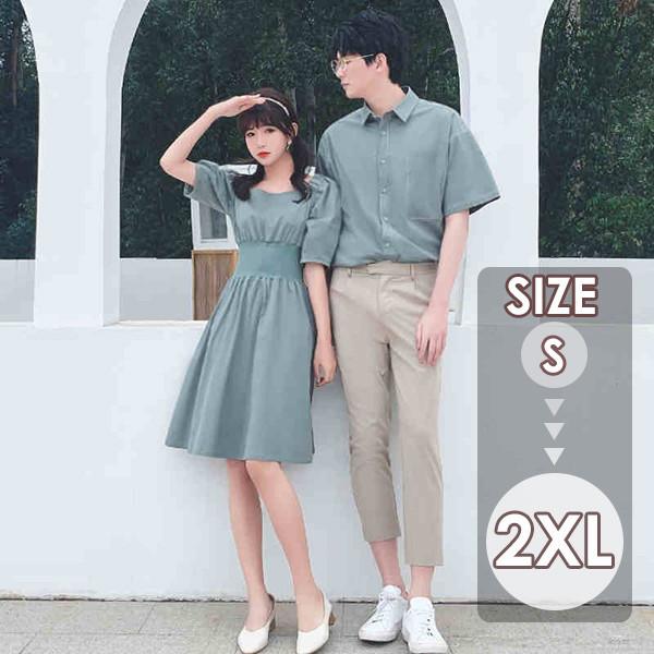 ペアルック シャツ カップル ワンピース ミモレ丈 半袖 ペア 可愛い 緑 メンズ レディース 韓国風 新婚旅行 ペアシャツ  ご夫婦 | 
