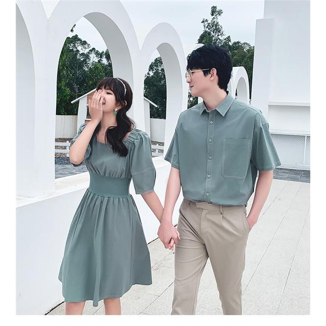 ペアルック シャツ カップル ワンピース ミモレ丈 半袖 ペア 可愛い 緑 メンズ レディース 韓国風 新婚旅行 ペアシャツ  ご夫婦 |  | 03