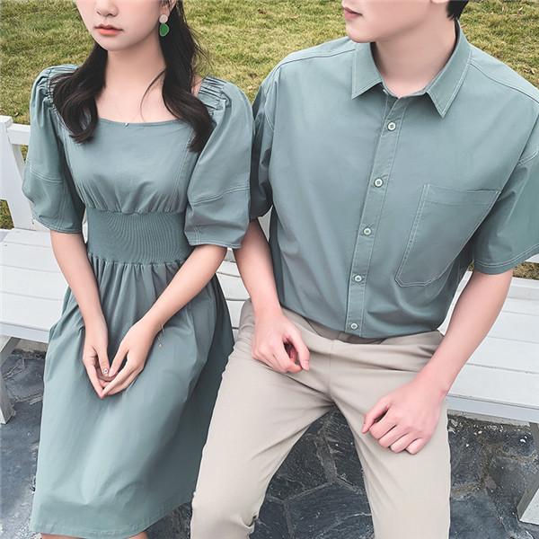 ペアルック シャツ カップル ワンピース ミモレ丈 半袖 ペア 可愛い 緑 メンズ レディース 韓国風 新婚旅行 ペアシャツ  ご夫婦 |  | 05