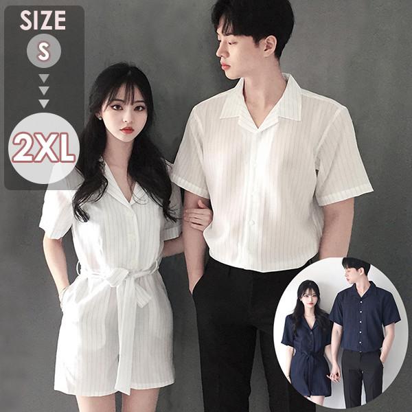 ペアルック シャツ カップル ワンピース ミモレ丈 お揃い 半袖 夏 ペア 可愛い おでかけコーデ   着痩せ ご夫婦 結婚記念 | 
