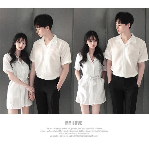 ペアルック シャツ カップル ワンピース ミモレ丈 お揃い 半袖 夏 ペア 可愛い おでかけコーデ   着痩せ ご夫婦 結婚記念 |  | 03