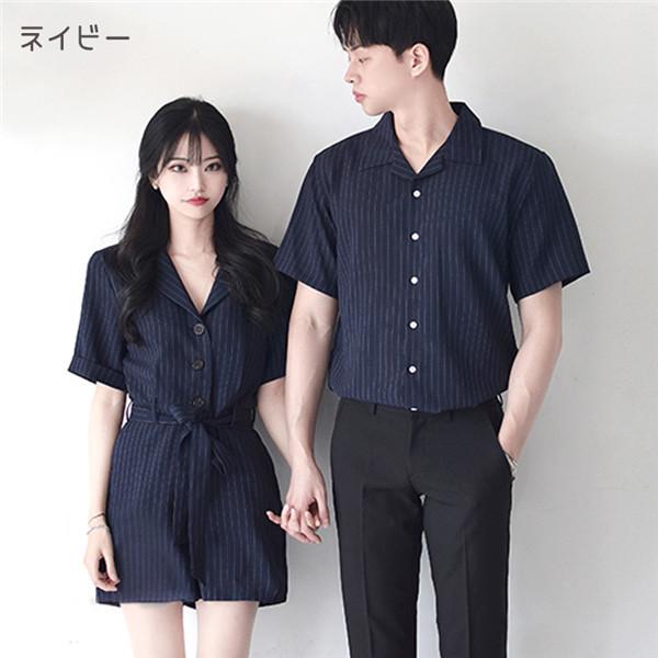 ペアルック シャツ カップル ワンピース ミモレ丈 お揃い 半袖 夏 ペア 可愛い おでかけコーデ   着痩せ ご夫婦 結婚記念 |  | 04